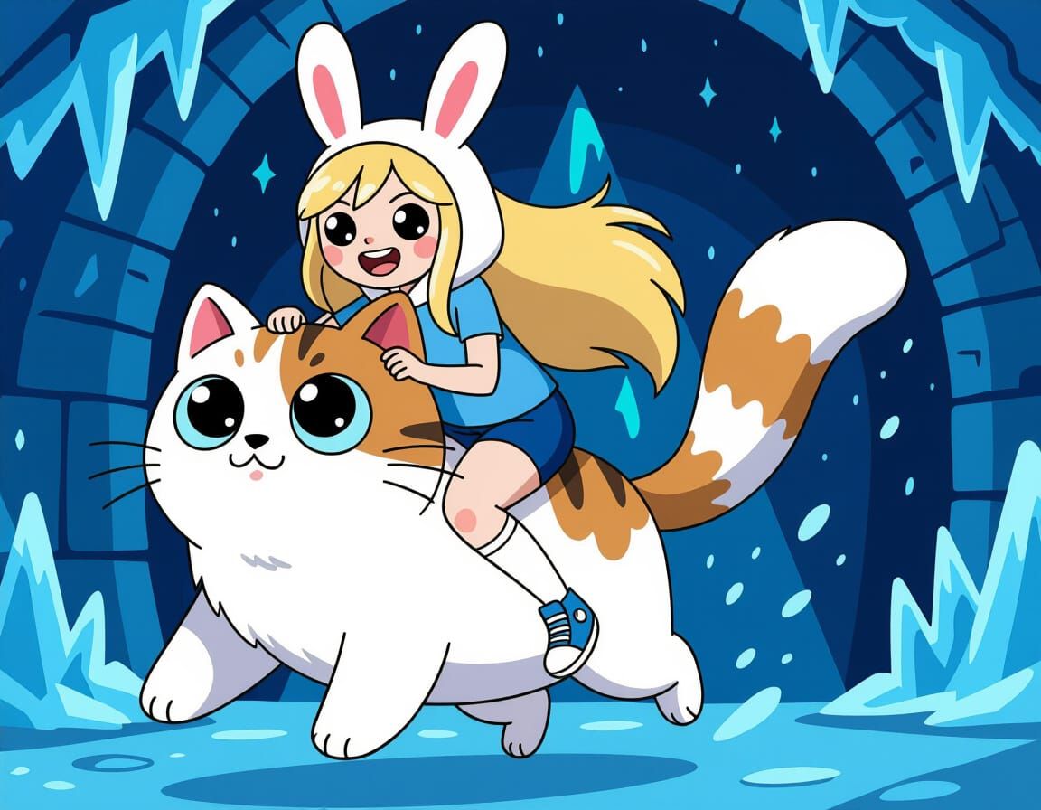 Fionna and Cake Leap Through Ice King's Lair in Action Shot
