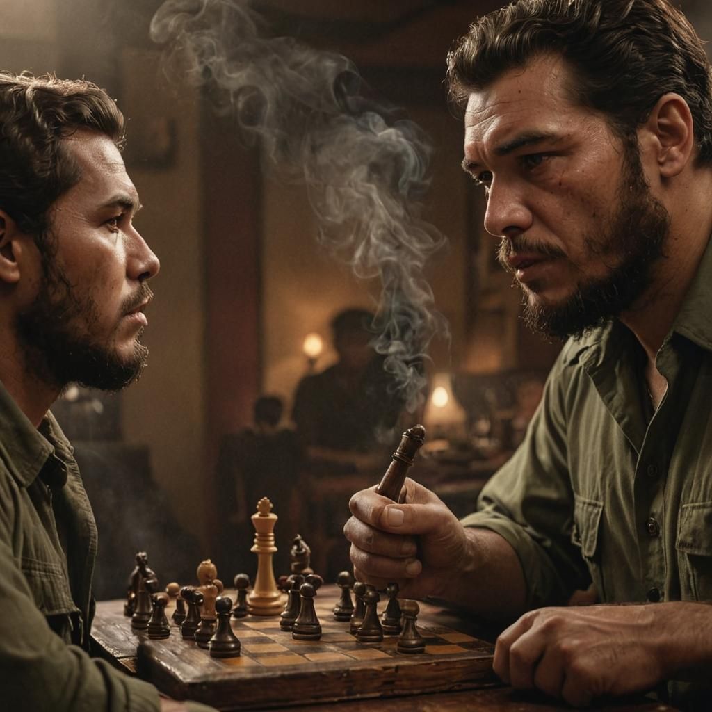 Che Guevara makes a chess move while Fidel Castro contemplat...