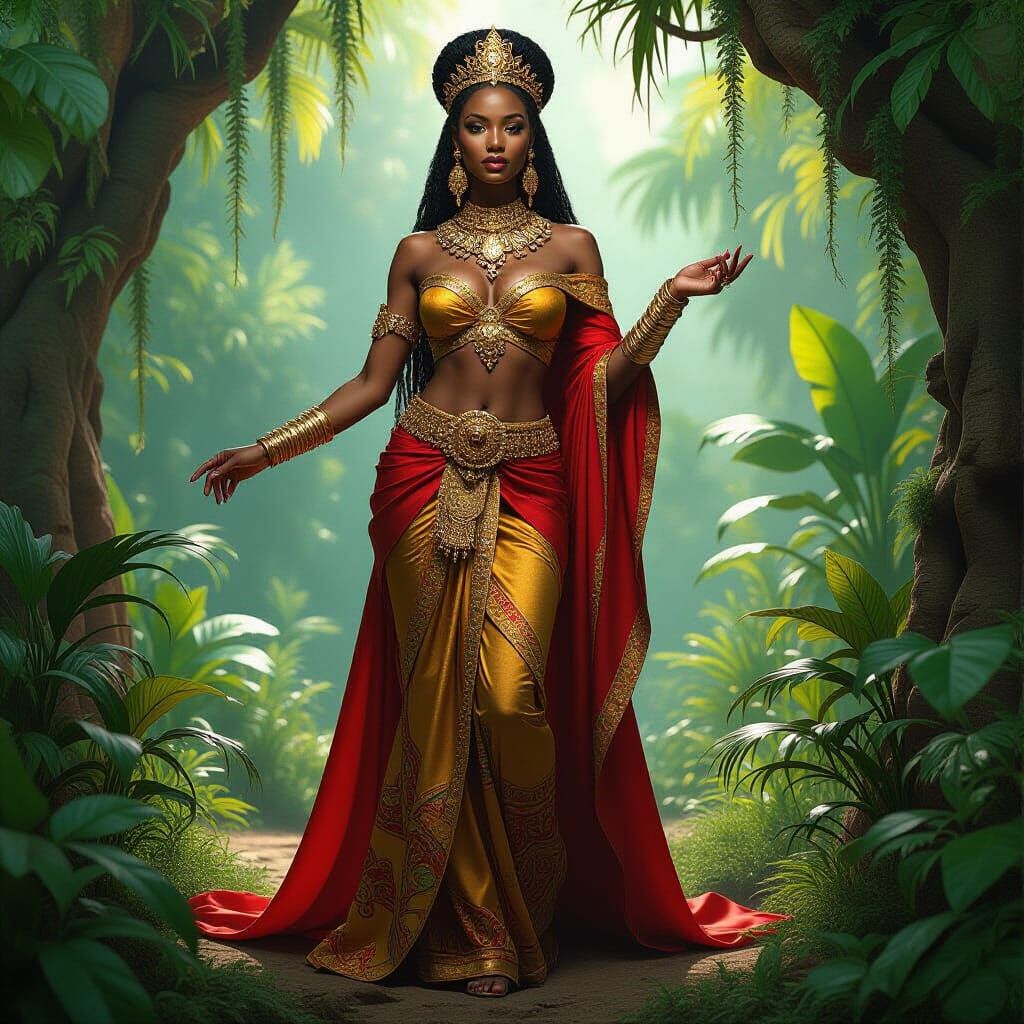 Regal African Queen in Fantastical Jungle