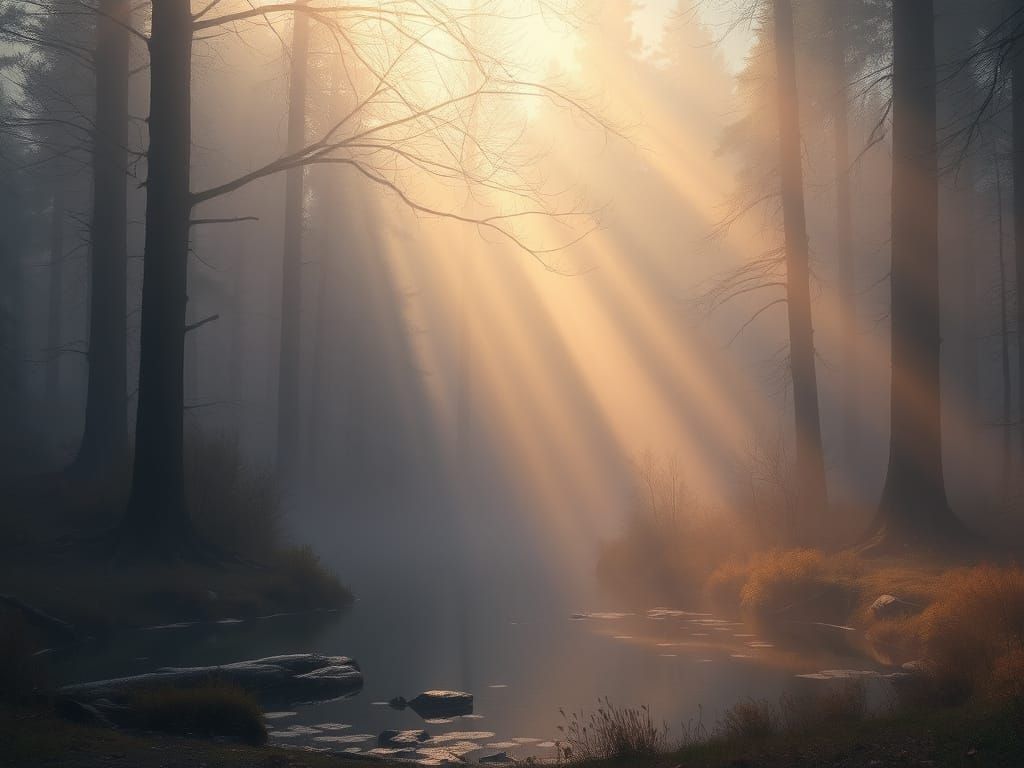 Foggy Forest Pond in Lavender and Gold Light