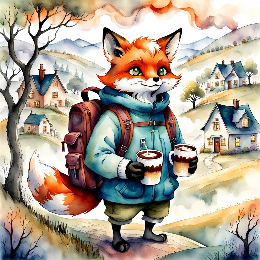 Whimsical Fox with Hot Chocolate, Watercolor Illustration