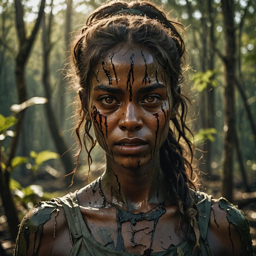 Dramatic Portrait of Girl with Green Eyes in Nature