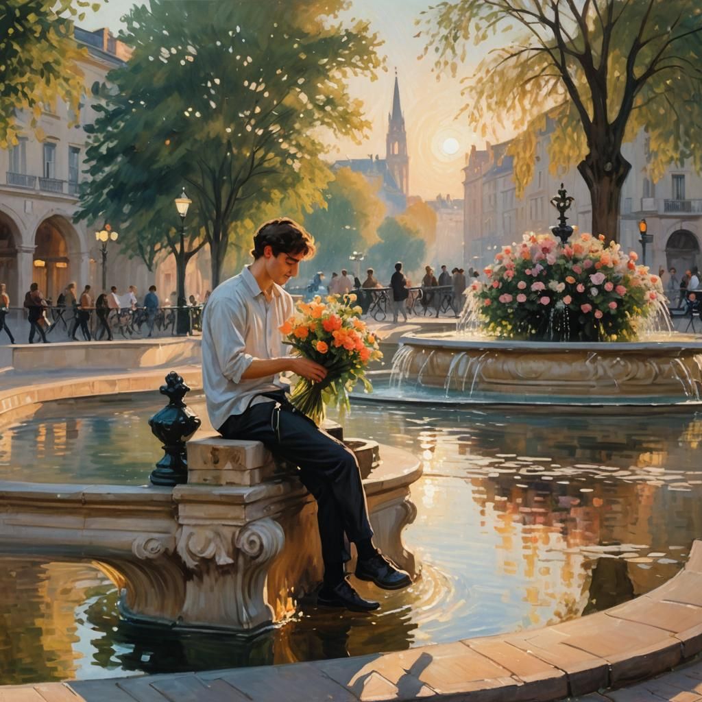 Romantic Cityscape: Impressionistic Fountain Scene at Sunset