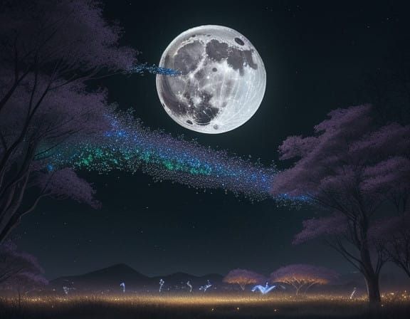 Whimsical Moonlit Gathering of Fireflies in Vibrant Iridesce...