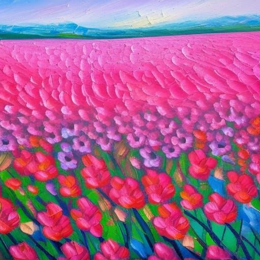 Neon Pink Flower Field in Impasto Oil Painting