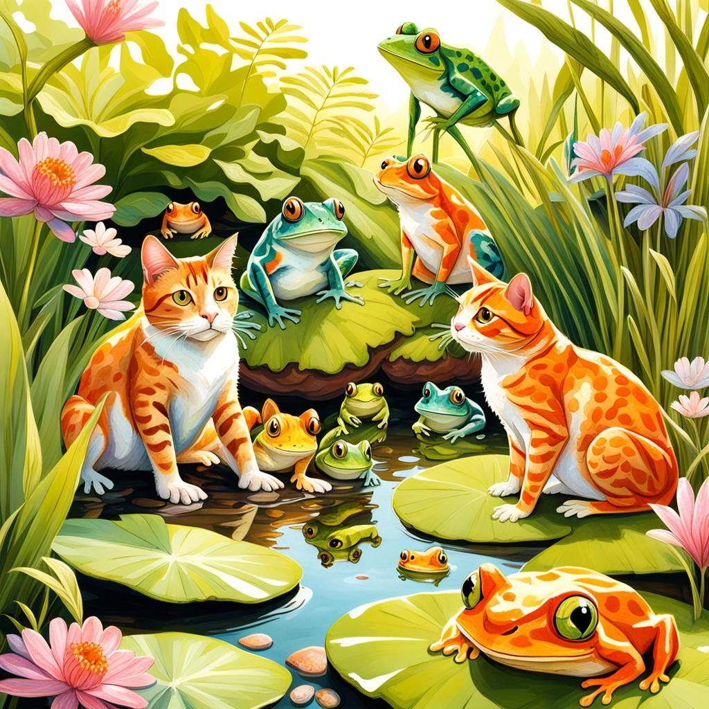 Colorful Frogs and Curious Cat in Garden