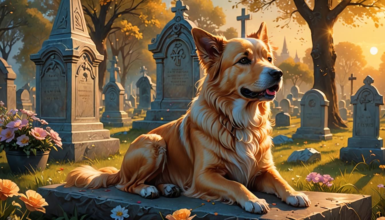 Dog Crying at Owner's Grave in Golden Hour