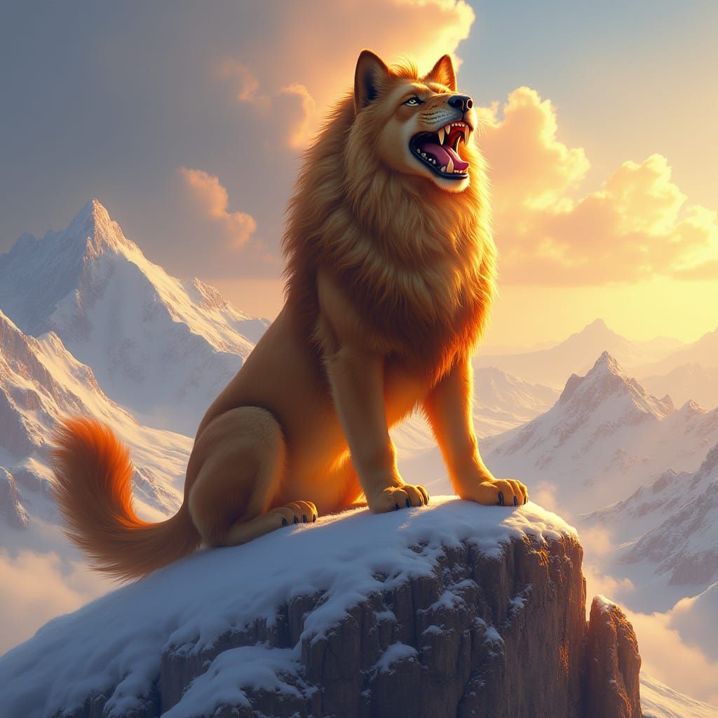 German Shepherd Lion Hybrid Smiling on Snowy Mountain Peak