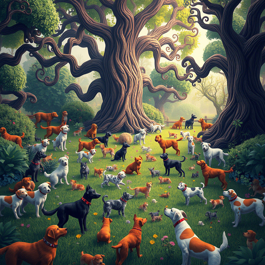 Whimsical Dog Park Scene in Fantasy Style