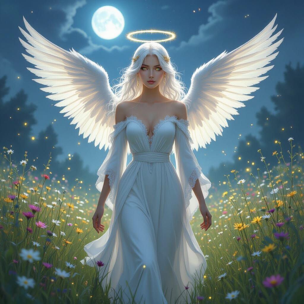 Ethereal Angel in Mystical Meadow, Fantasy Art