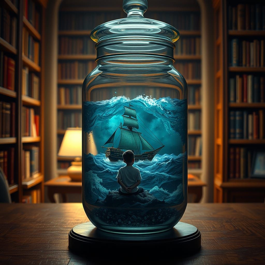 Surrealism in Glass: A Boy Watches a Stormy Ocean in a Table...