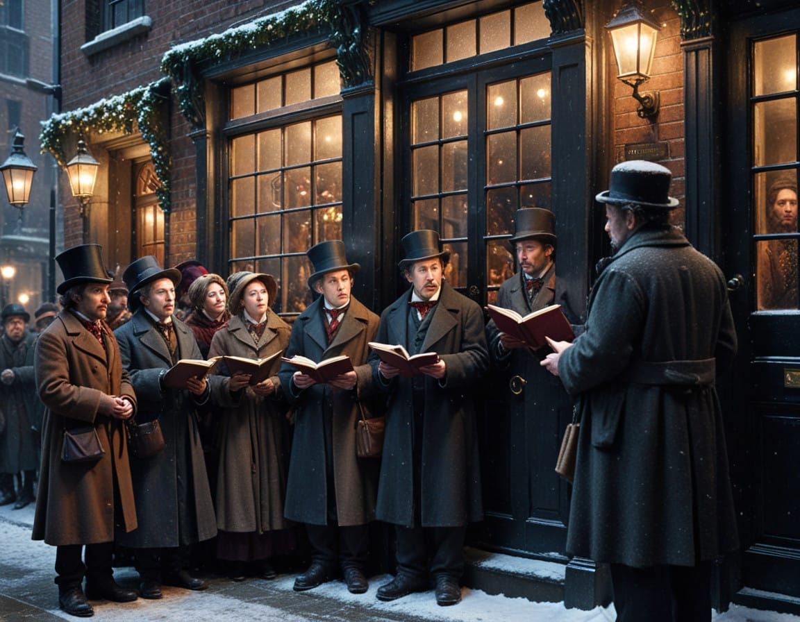 Victorian Christmas Carolers Gather Around Charles Dickens