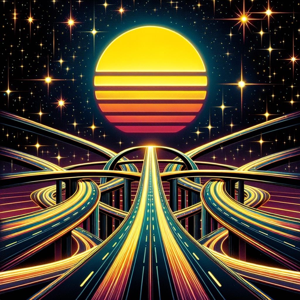 Retro-Futuristic Highway in Space with Yellow Sun