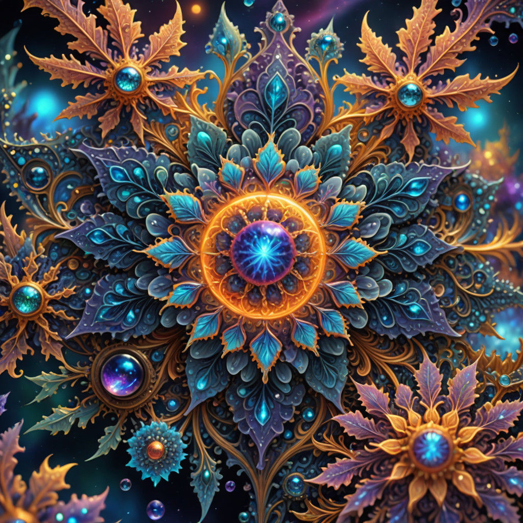 Maximalism: bright bismuth chrome colors; ornate Filigree Border Frame; micro macro close-up of a translucent transparen...