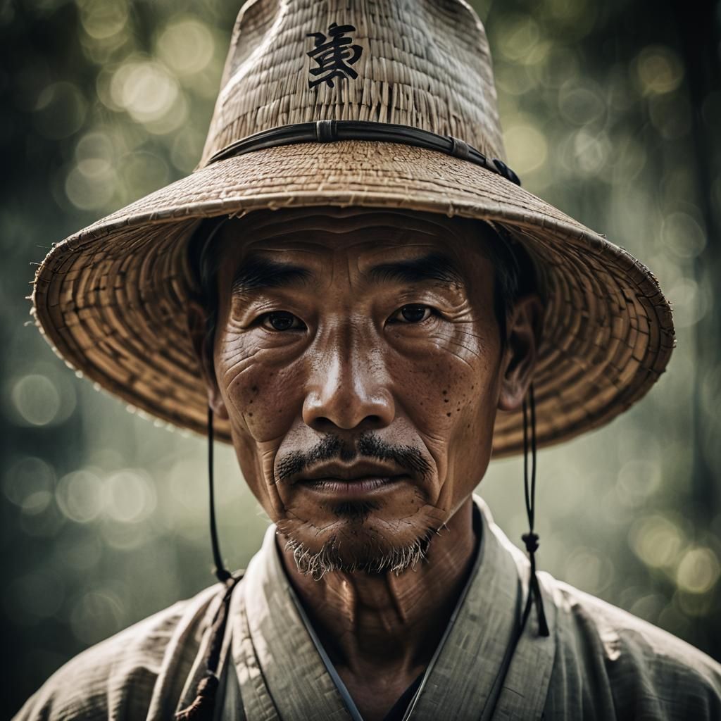 A chinese Taoist man who wear asian style Bamboo Straw Cone hat.