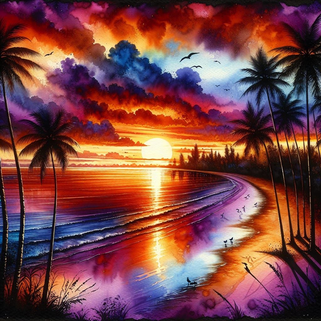 coucher de soleil sur une plage tropicale