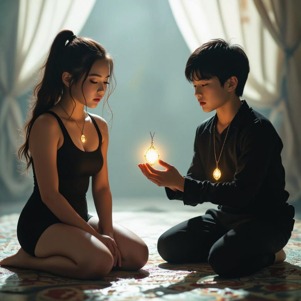 Enchanted Girl and Glowing Pendant, Cinematic Still