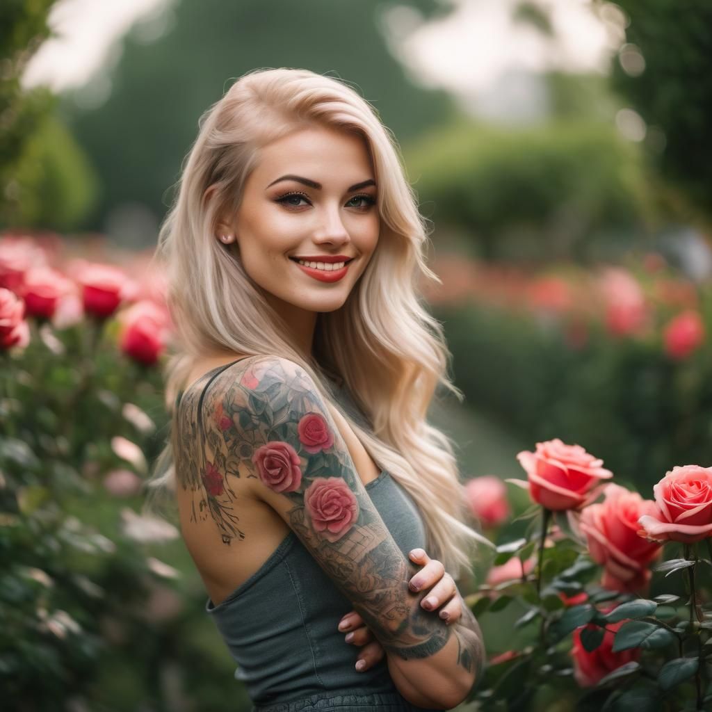 Tattooed Girl Smiling in Rose Garden, Professional Photograp...