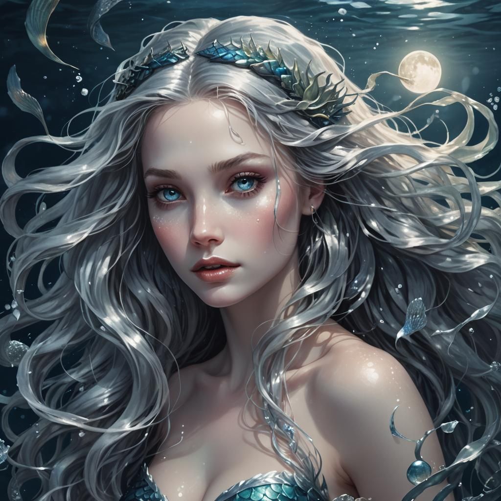 Mystical Mermaid Portrait in Shimmering Moonlit Waters