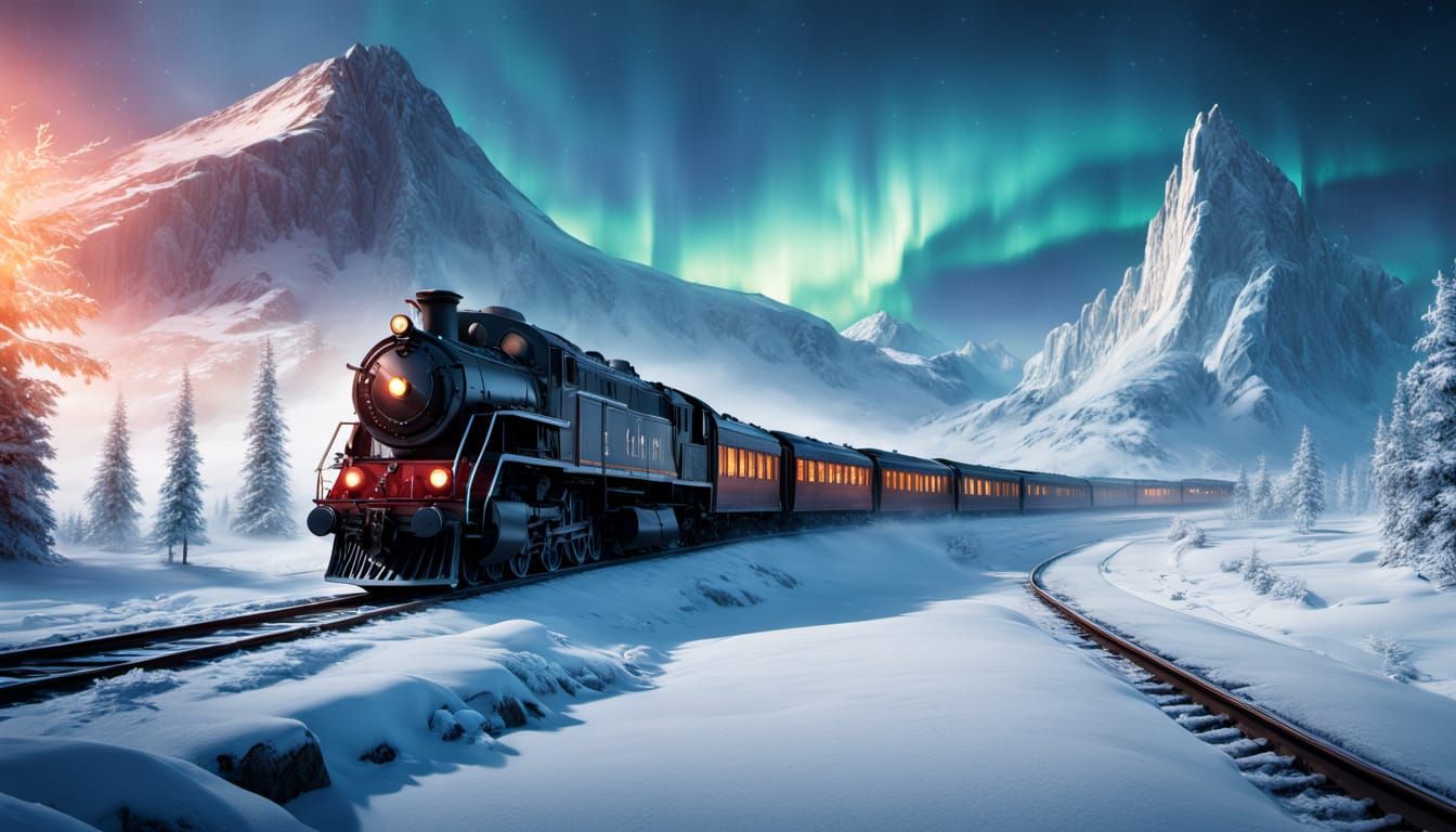 Majestic Train Crosses Frozen Tundra Under Starry Night Sky