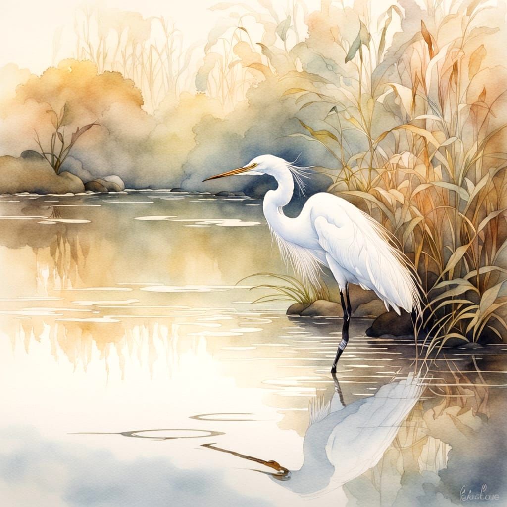 Elegant Egret Hunts at Riverbank in Art Nouveau Style