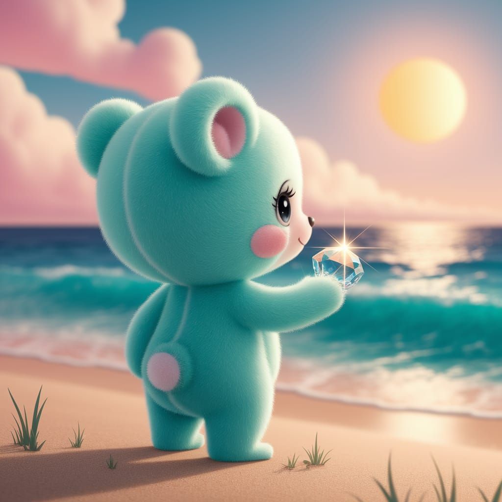 Kawaii Turquoise Bear with Gemstone on Beach