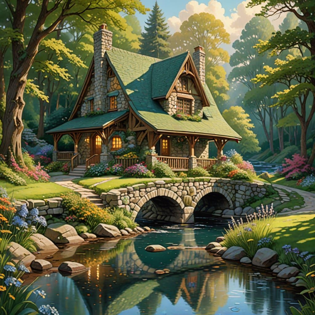 Whimsical Cottage Beside River in Art Nouveau Style