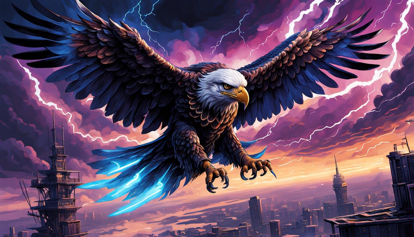 Eagle Cyber-Aviator Pirate Scans Stormy Sky Fortress