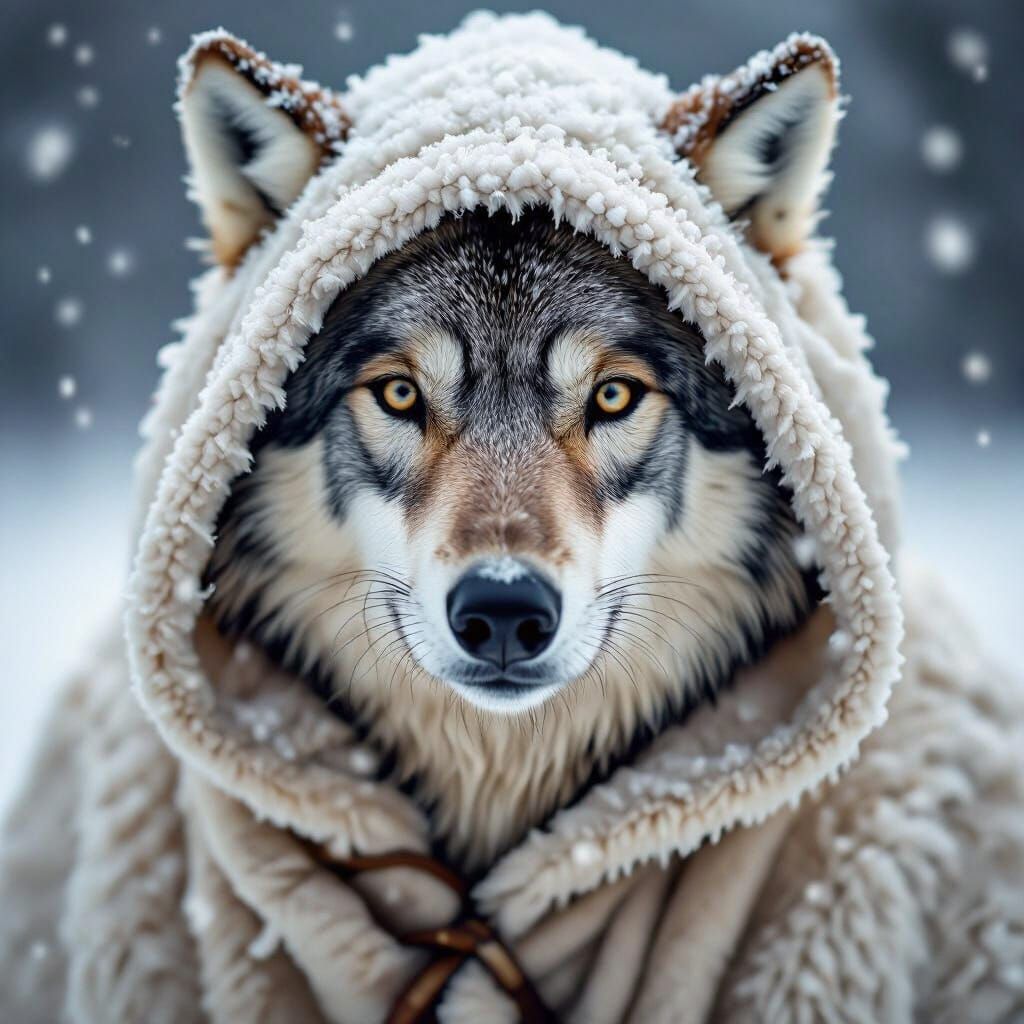 Wolf in Lamb Disguise in Snowy Landscape