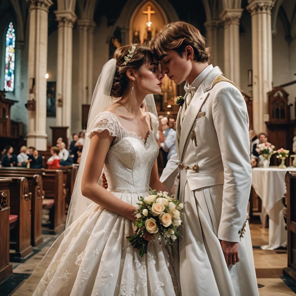 Two Young Brides Kissing in a Church