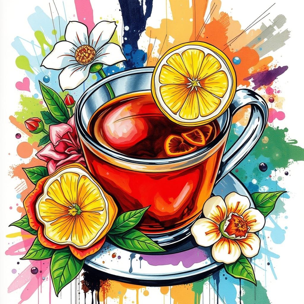 Vibrant Cup of Herbal Tea in Color Marker Drawing Style