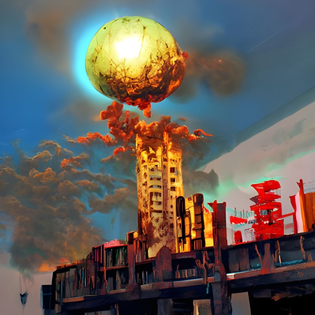 Nuclear Explosion Over City in Art Deco Ukiyo-e Style