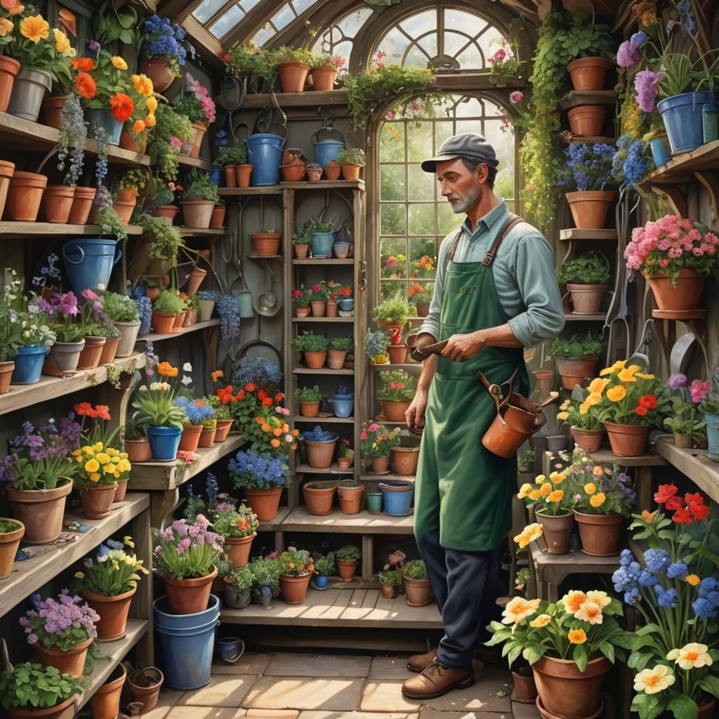 Art Nouveau Gardener's Shed with Flowers