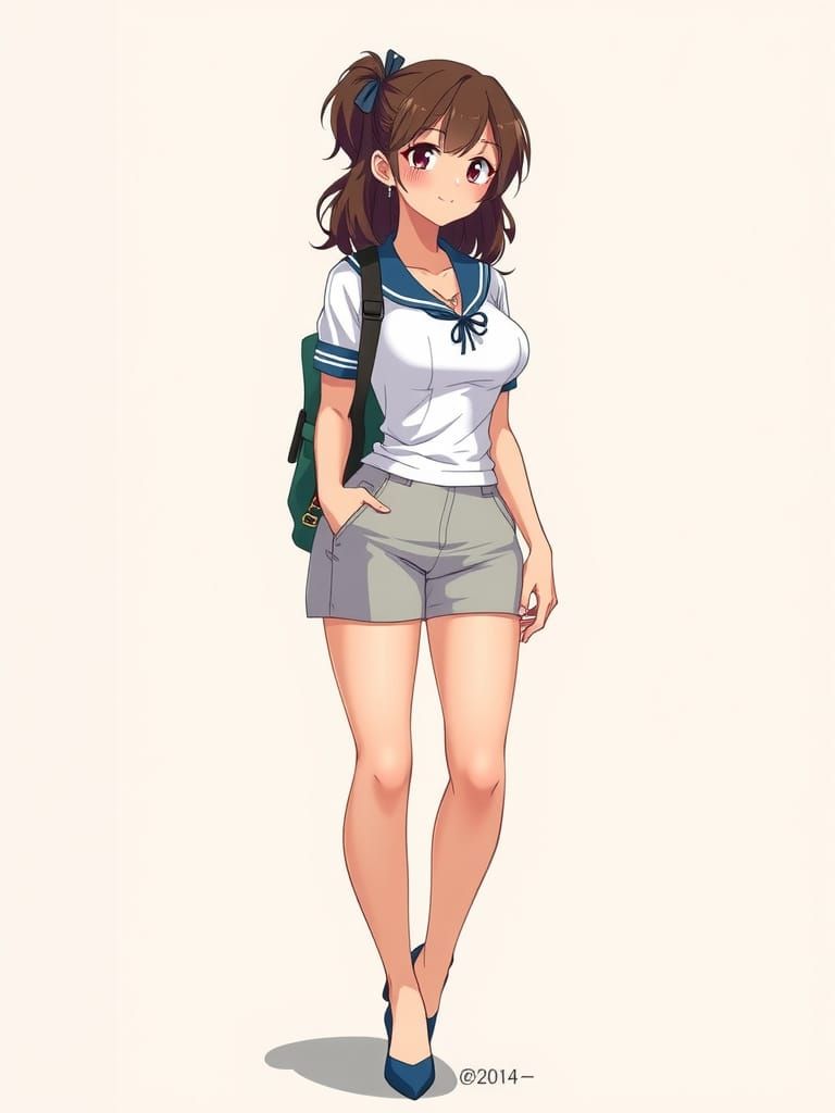 Busty Woman in College Uniform, 2010s Anime Style