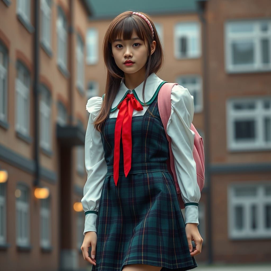 Transfem Student Lena in Tartan Pinafore: Digital Matte Pain...