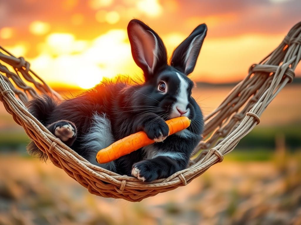 Fluffy Rabbit Relaxing in Hammock with Carrot at Sunset