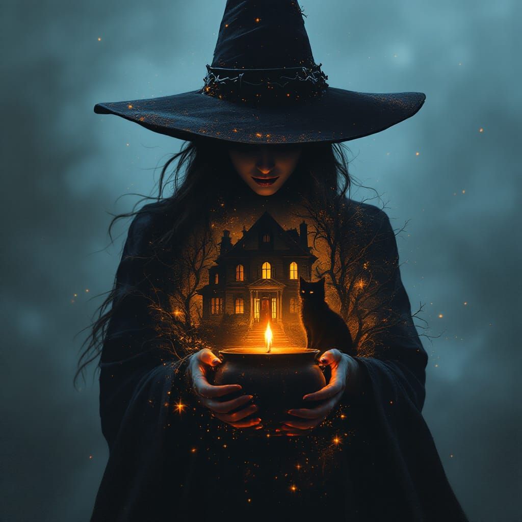 Witch Silhouette Double Exposure with Haunted House