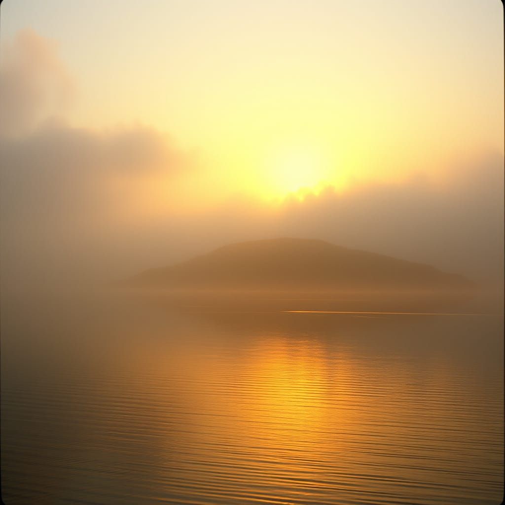 Eerie Sunrise Over Misty Lake in Amber Hues