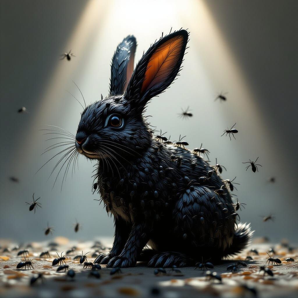 Surreal Ant Rabbit Sculpture with Dramatic Lighting