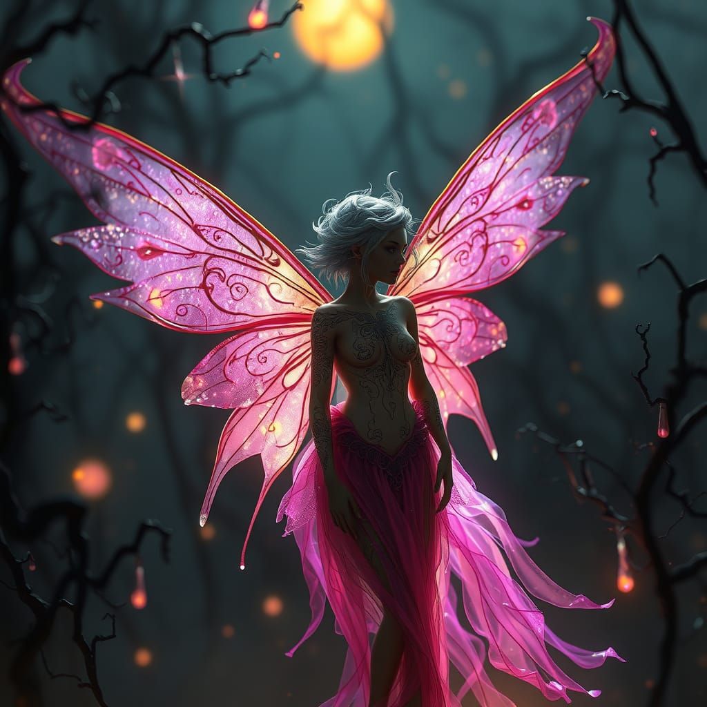 Ethereal Fairy Radiates Dark Aura in Twisted Fantasy Landsca...