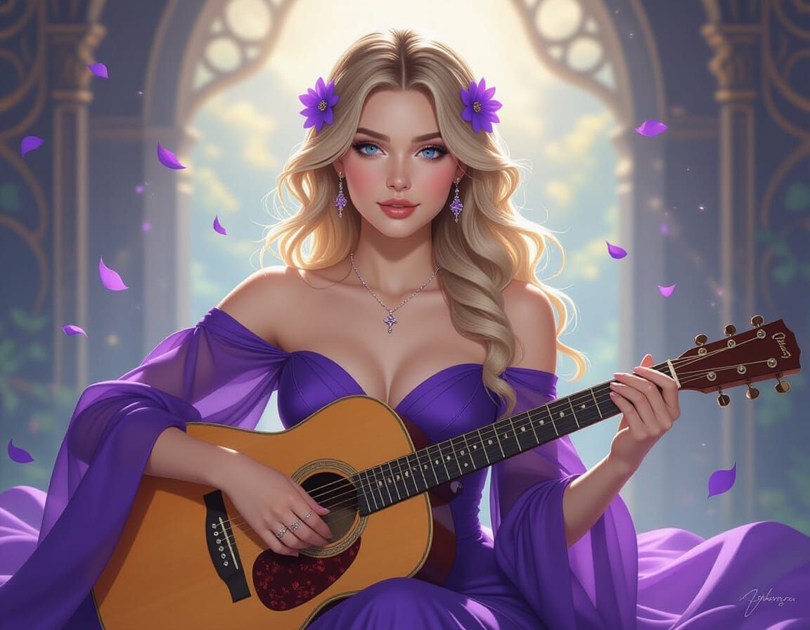 Ethereal Blonde Woman Playing Guitar in Art Nouveau Style