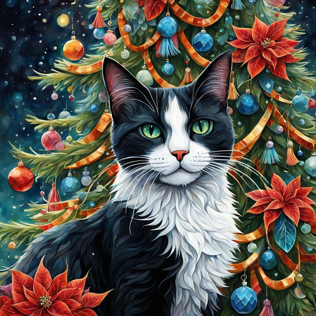 Whimsical Cat Surrounded by Vibrant Christmas Cubism
