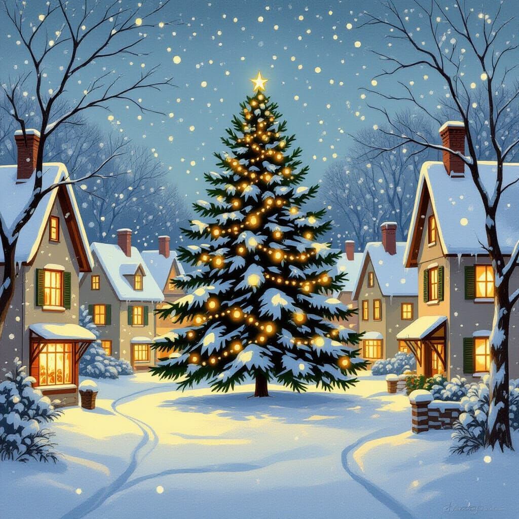 Vintage Christmas Village Scene Illustration