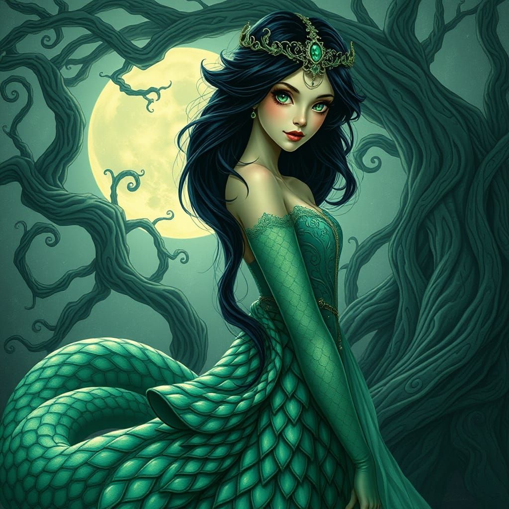 Fantasy Serpentine Princess in Jade Green Gown