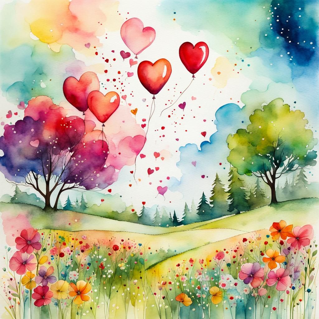 Watercolor Heart Balloons Fly Over Flower Meadow