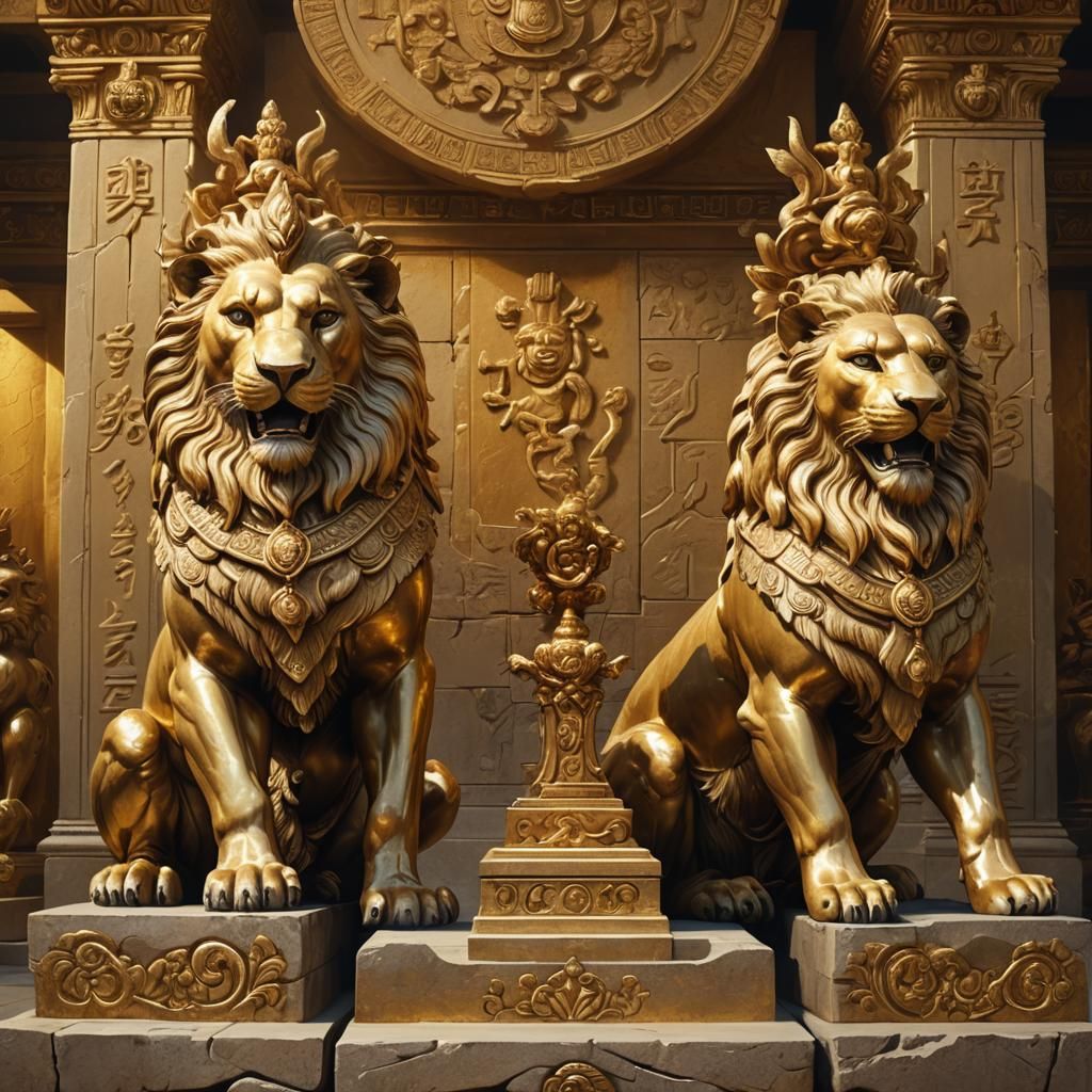 Golden Lions in Mystical Temple: Baroque Sculpture