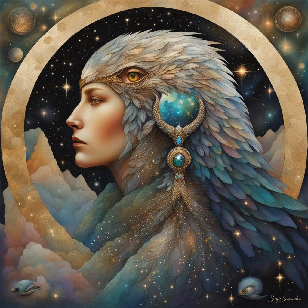 Starlight Eagle-Woman in Bejeweled Galactic Oasis