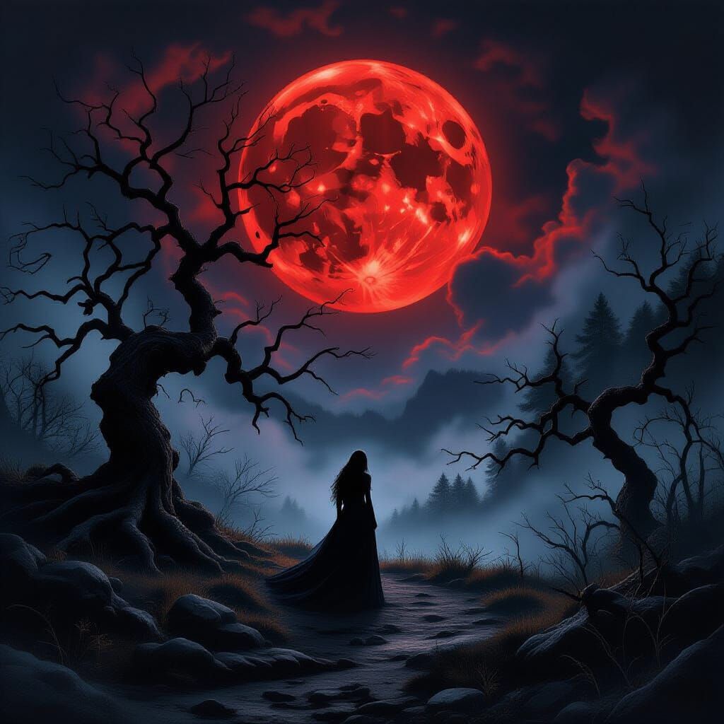 Eerie Fairy Circle Under Blood Moon, Dark Romanticism