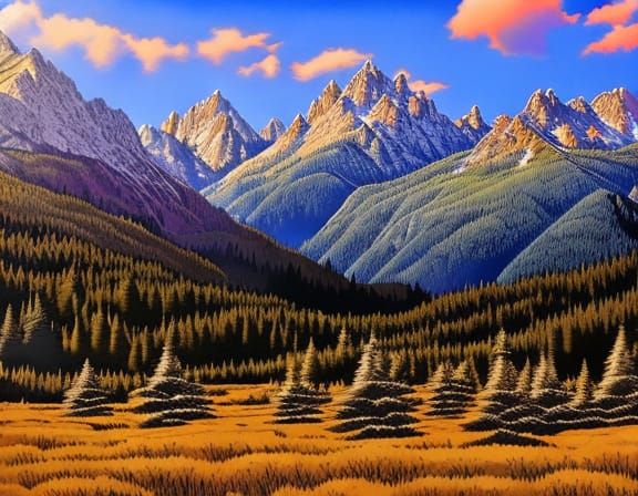 Colorful Mountain Landscape with Pine Trees in the Meadow
