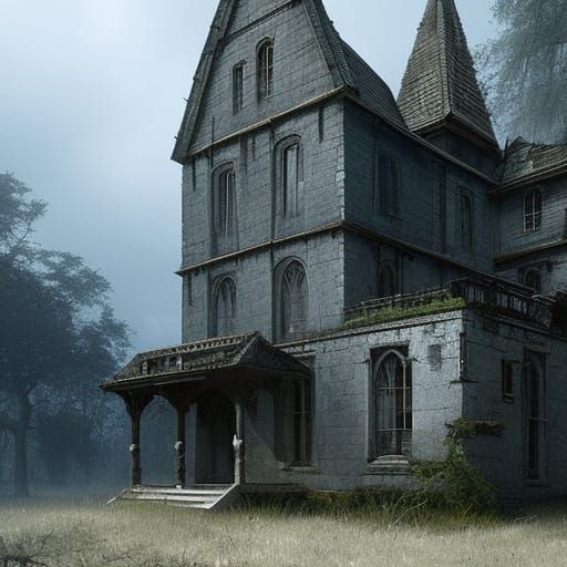 A creepy rundown gothic house near the coast sinister by Greg Rutkowski